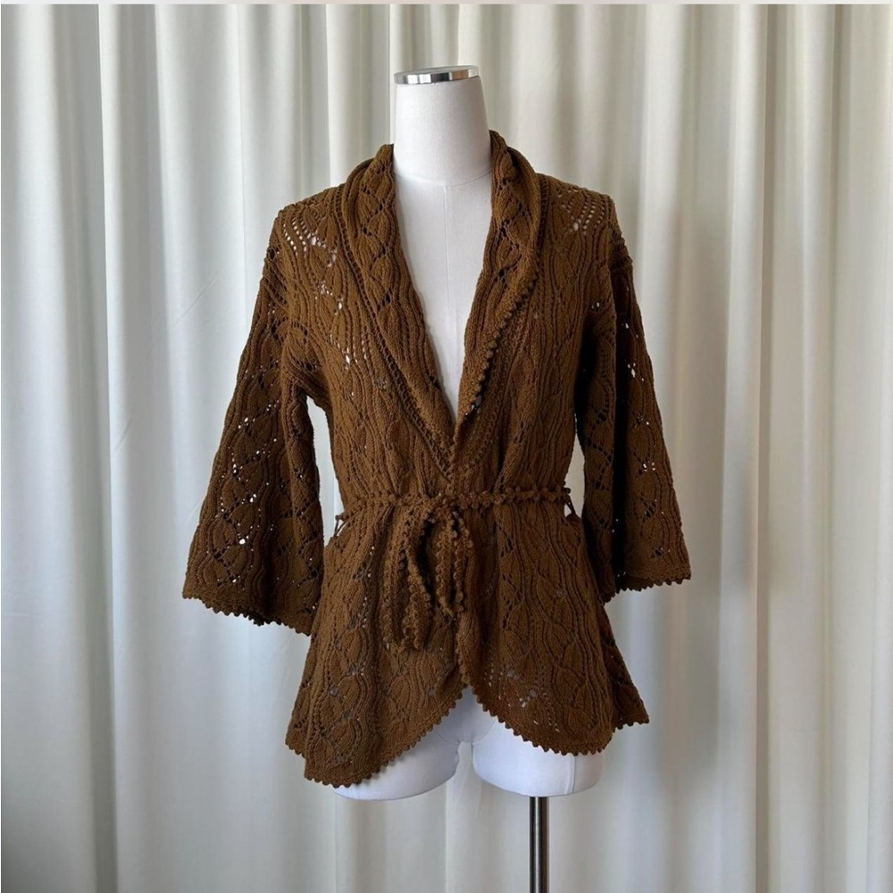 J. Jill Pointelle Knit Cardigan Sweater Tie Waist Brown Cotton Blend XS.